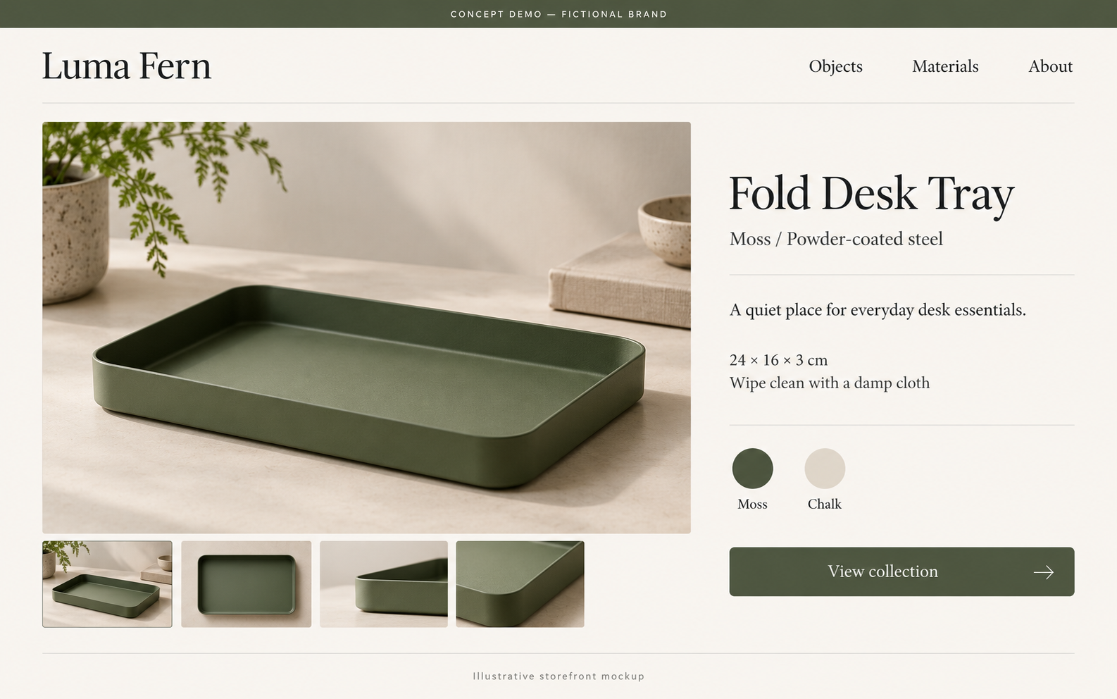 Generated storefront illustration for fictional brand Luma Fern, showing the moss-green Fold Desk Tray
