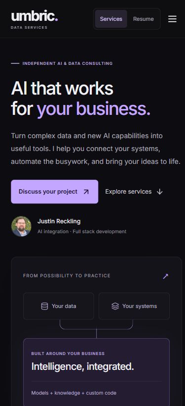 The same Umbric services page on a narrow mobile screen